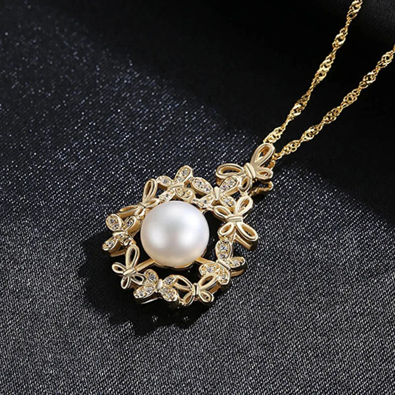 925 Silver Butterfly Zircon Necklace with Pearl