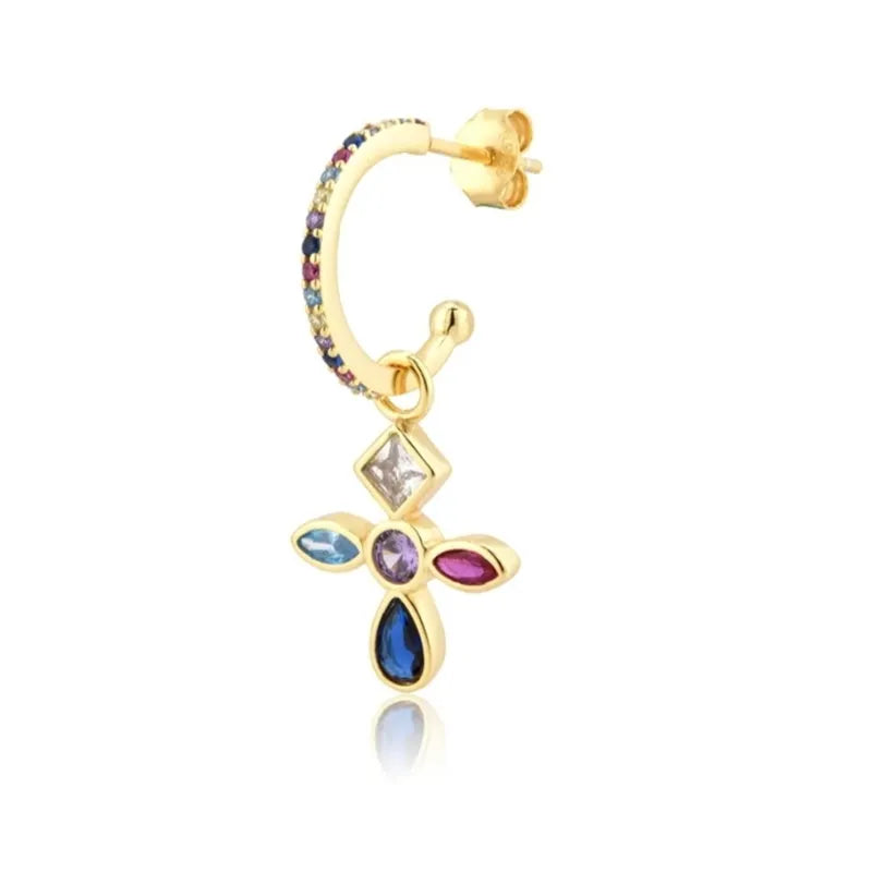 925 Silver Circle Rainbow Earring Cross Zircon Drop Jewelry