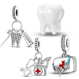 925 Silver CZ Doctor Dentist Tooth Charm Beads for Bracelet DIY Jewelry Gift