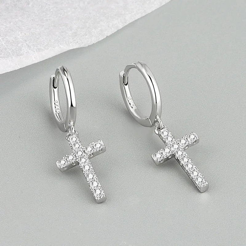 925 Silver CZ Cross Heart Earrings Charm Women Jewelry