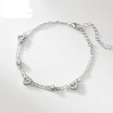 925 Sterling Silver CZ Zircon Heart Charm Two Layers Chain Bracelet