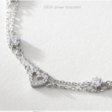 925 Sterling Silver CZ Zircon Heart Charm Two Layers Chain Bracelet
