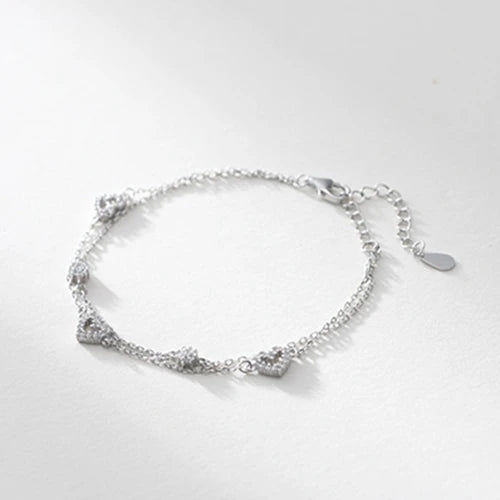 925 Sterling Silver CZ Zircon Heart Charm Two Layers Chain Bracelet