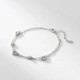 925 Sterling Silver CZ Zircon Heart Charm Two Layers Chain Bracelet