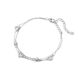 925 Sterling Silver CZ Zircon Heart Charm Two Layers Chain Bracelet