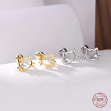 925 Silver Cat Stud Earrings Zircon Screw Lady Jewelry Gift