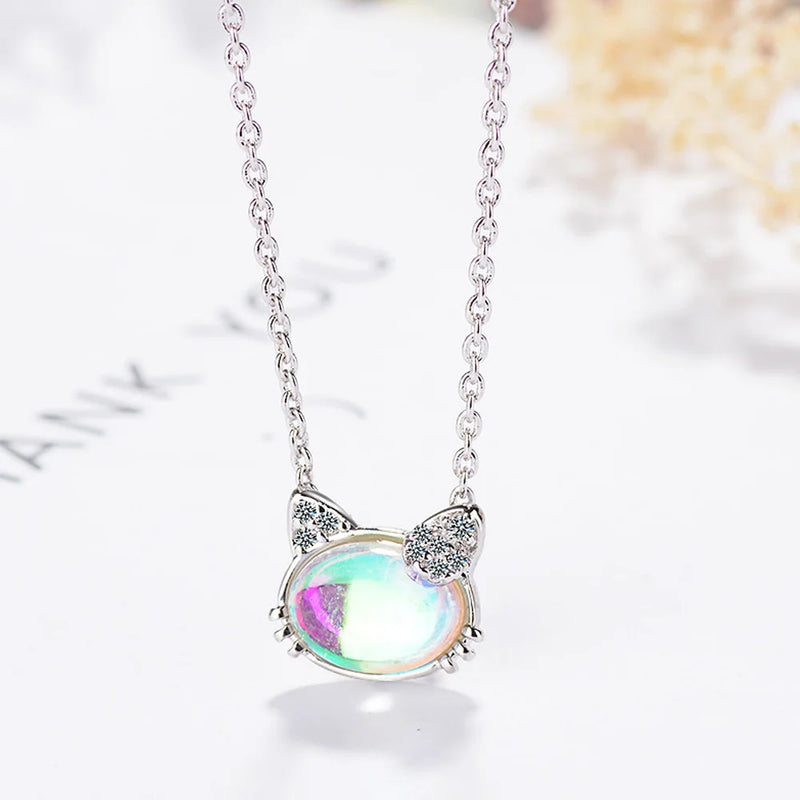 925 Silver Cat Crystal Necklace Women Jewelry