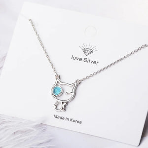 925 Silver Cat Crystal Pendant Necklace Women Gift Jewelry