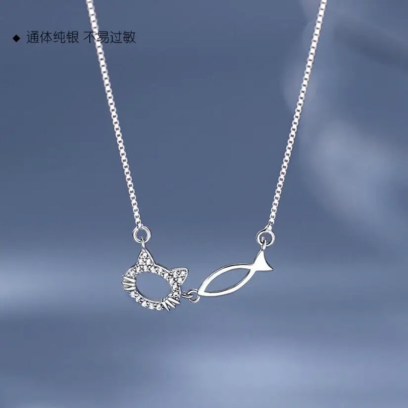 925 Silver Cat Fish Necklace for Women Clavicle Chain Wedding Jewelry