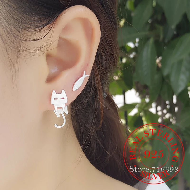 925 Sterling Silver Cat Fish Stud Earrings Women Gift Hypoallergenic