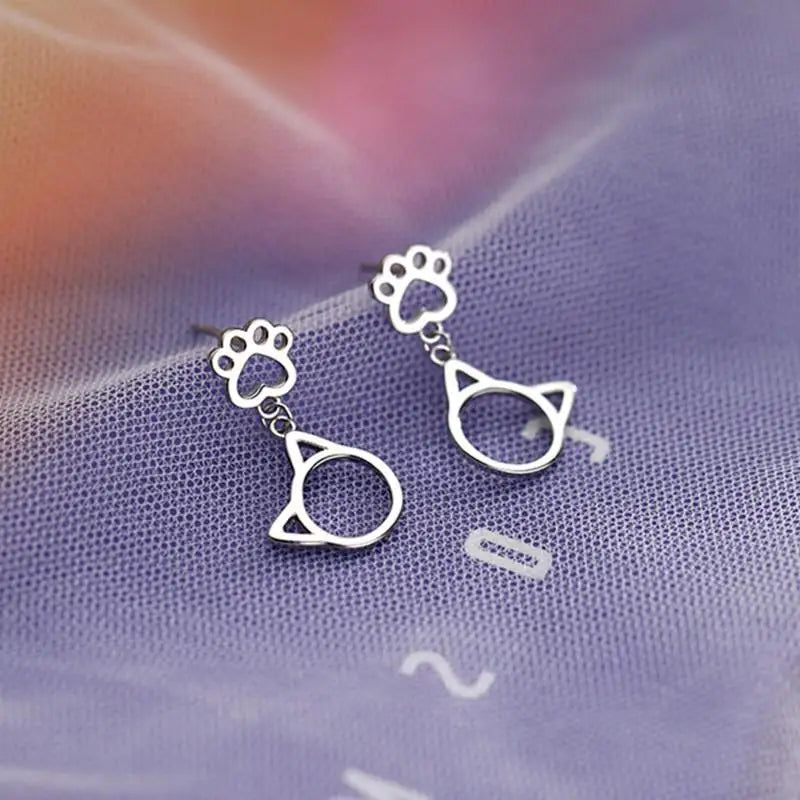 925 Sterling Silver Cat Paw Earrings For Women Sweet Girl Fine Jewelry