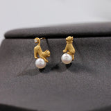925 Silver Cat Pearl Stud Earring Women Gift Party