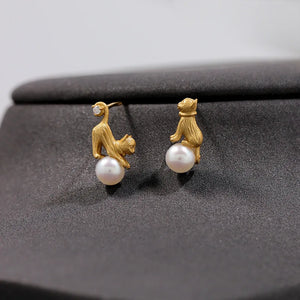 925 Silver Cat Pearl Stud Earring Women Gift Party