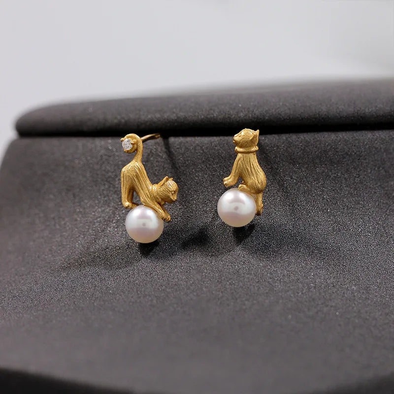 925 Silver Cat Pearl Stud Earring Women Gift Party