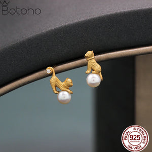 925 Silver Cat Pearl Stud Earring Women Gift Party
