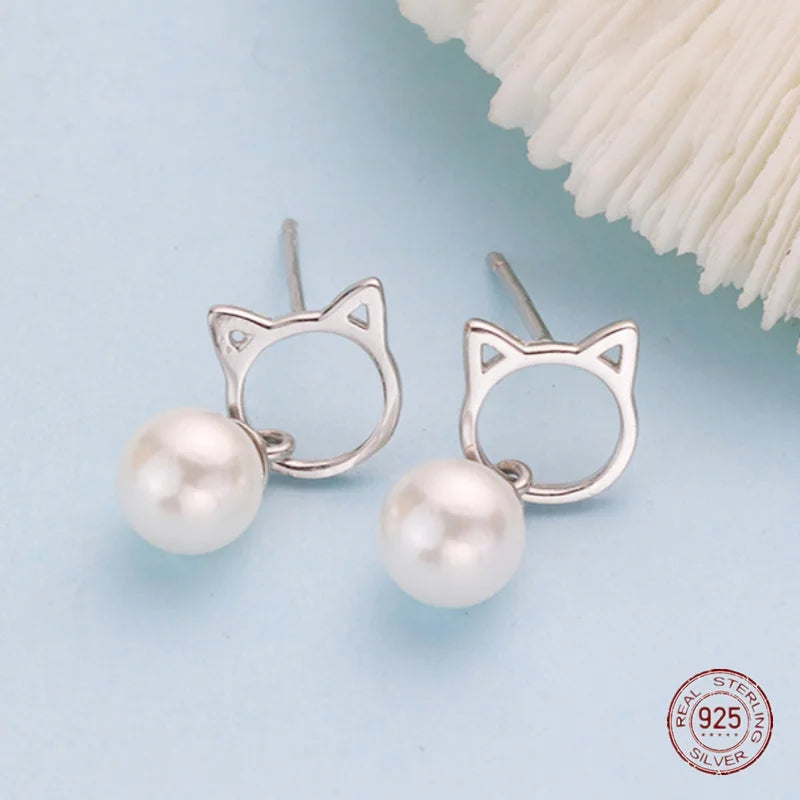 925 Silver Cat Pearl Stud Earrings Animal Mini Earring