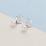 925 Silver Cat Pearl Stud Earrings Animal Mini Earring