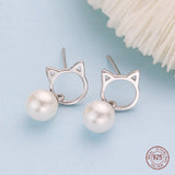 925 Silver Cat Pearl Stud Earrings Animal Mini Earring