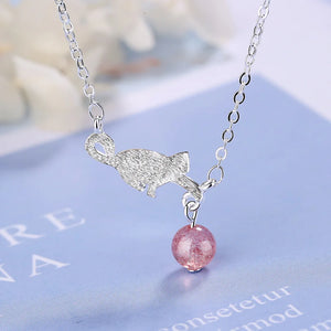 925 Silver Cat Strawberry Crystal Pendant Necklace Women Wedding Party Jewelry