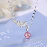 925 Silver Cat Strawberry Crystal Pendant Necklace Women Wedding Party Jewelry
