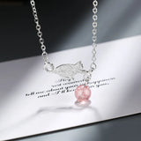 925 Silver Cat Strawberry Crystal Pendant Necklace Women Wedding Party Jewelry