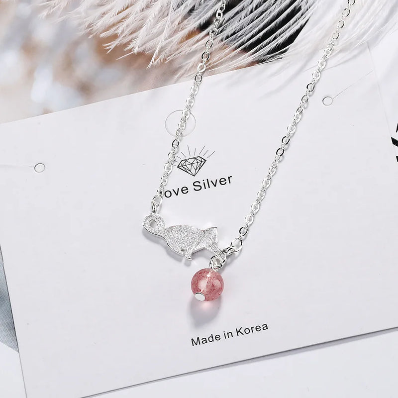 925 Silver Cat Strawberry Crystal Pendant Necklace Women Wedding Party Jewelry