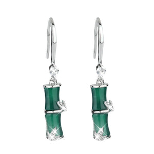 925 Silver Bamboo Drop Earrings Green Jade Zircon