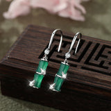 925 Silver Bamboo Drop Earrings Green Jade Zircon