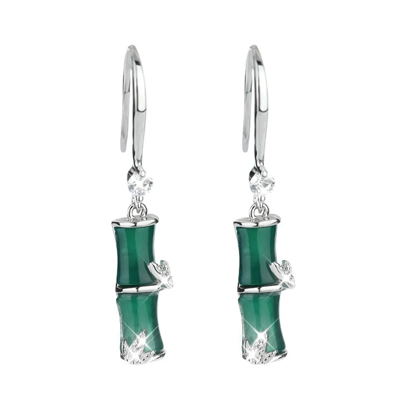 925 Silver Bamboo Drop Earrings Green Jade Zircon