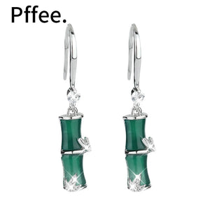 925 Silver Bamboo Drop Earrings Green Jade Zircon