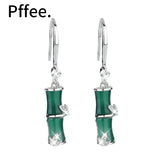 925 Silver Bamboo Drop Earrings Green Jade Zircon