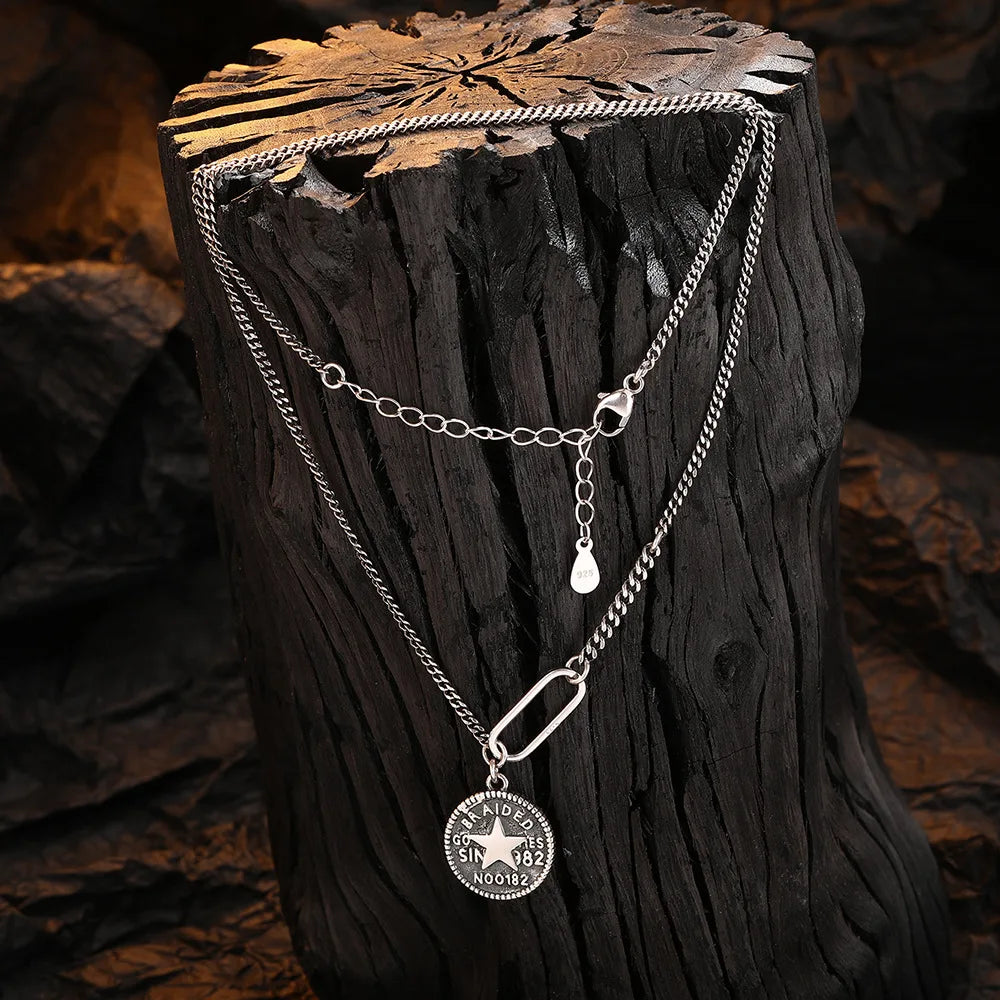 925 Silver Vintage Pentacle Necklace Round Pendant Hiphop Jewelry