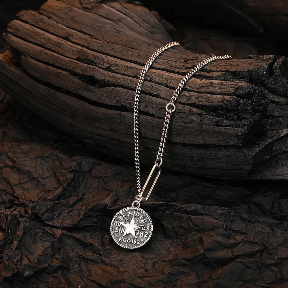 925 Silver Vintage Pentacle Necklace Round Pendant Hiphop Jewelry