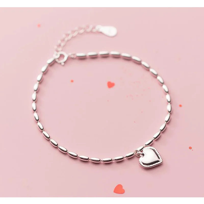 925 Silver Chain Beads Bracelet Charms Love Heart for Women