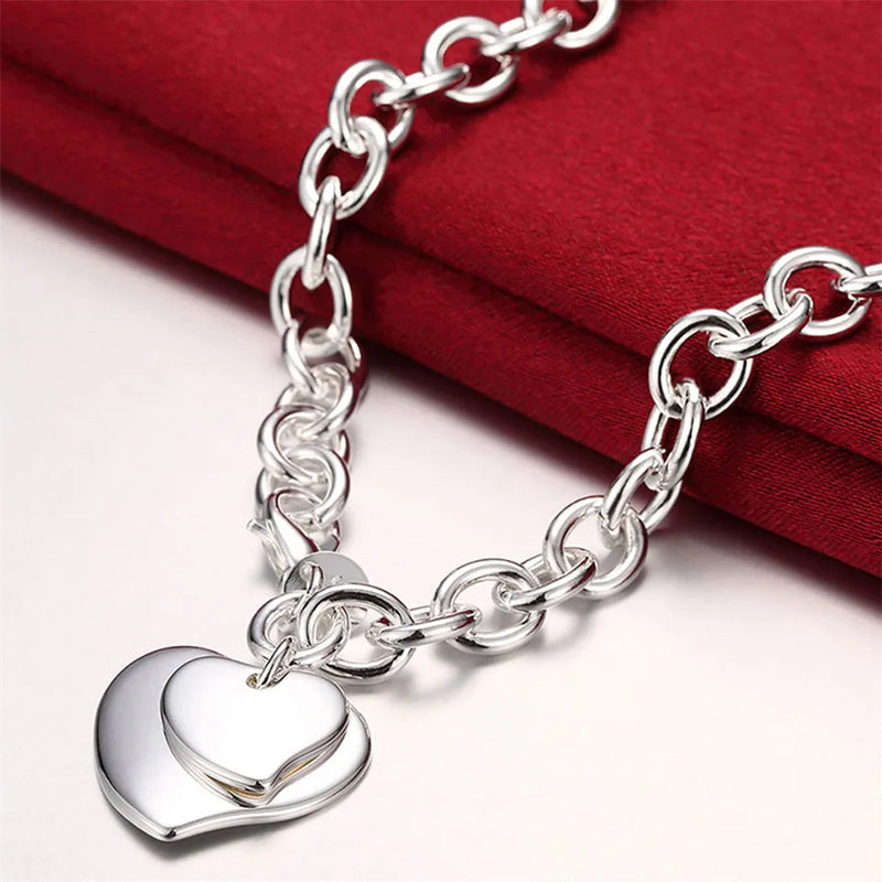 925 Silver Double Heart Pendant Chain for Women