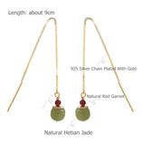 925 Silver Chain Hetian Jade Drop Earring Red Garnet Bead Jewelry