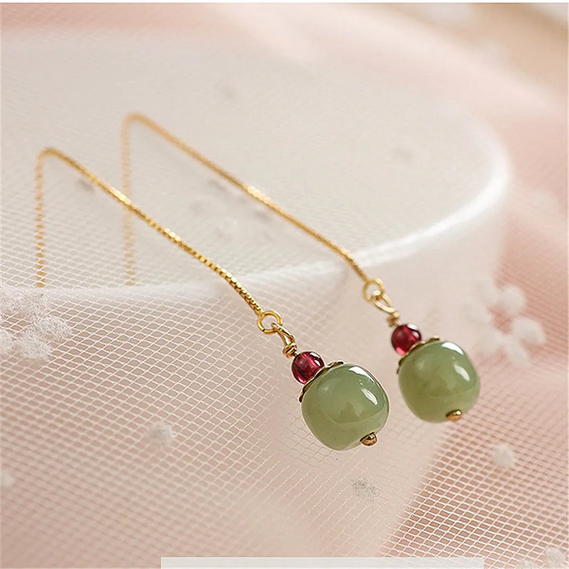 925 Silver Chain Hetian Jade Drop Earring Red Garnet Bead Jewelry
