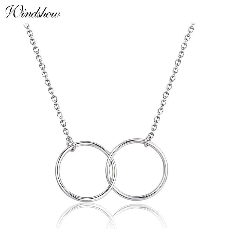 925 Sterling Silver Double Round Circles Pendant Necklace Choker Women Jewelry