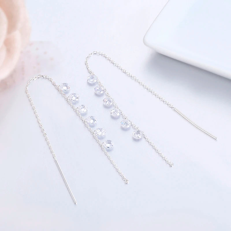 925 Silver CZ Tassel Drop Long Earrings for Women