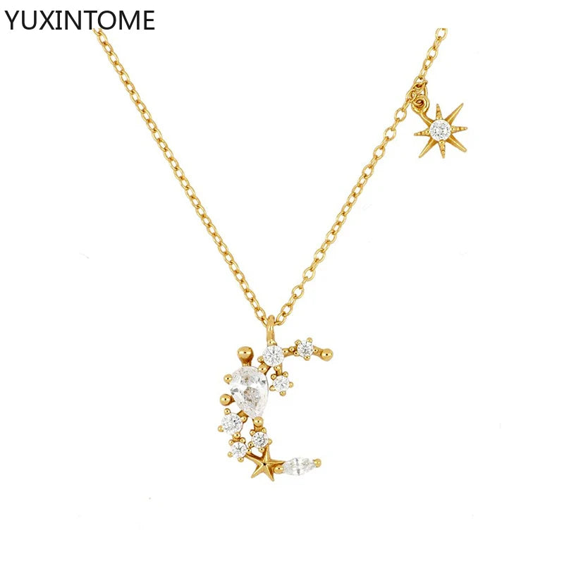 925 Silver Moon Star Crystal Pendant Necklace for Women Boho Jewelry