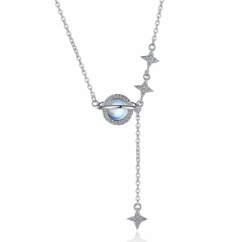 925 Silver Chain Moon Planet Necklace Zircon Jewelry, 16 Inches