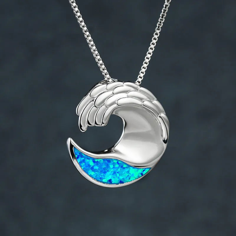 925 Silver Ocean Wave Opal Stone Necklace