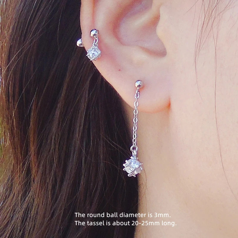 925 Sterling Silver Chain Stud Earring Original Zircon Snowman Ear Jewel