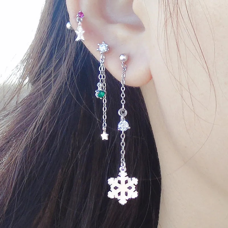 925 Sterling Silver Chain Stud Earring Original Zircon Snowman Ear Jewel