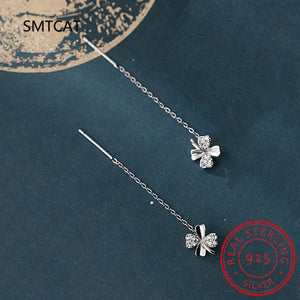 925 Silver Tassel Zircon Four-Leaf Clover Drop Earring for Women