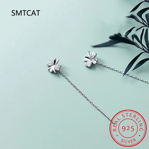 925 Silver Tassel Zircon Four-Leaf Clover Drop Earring for Women