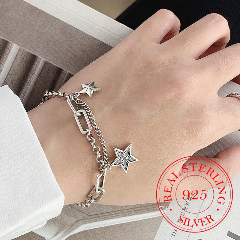925 Silver Charm Bracelet Vintage Stars Zircon Party Jewelry