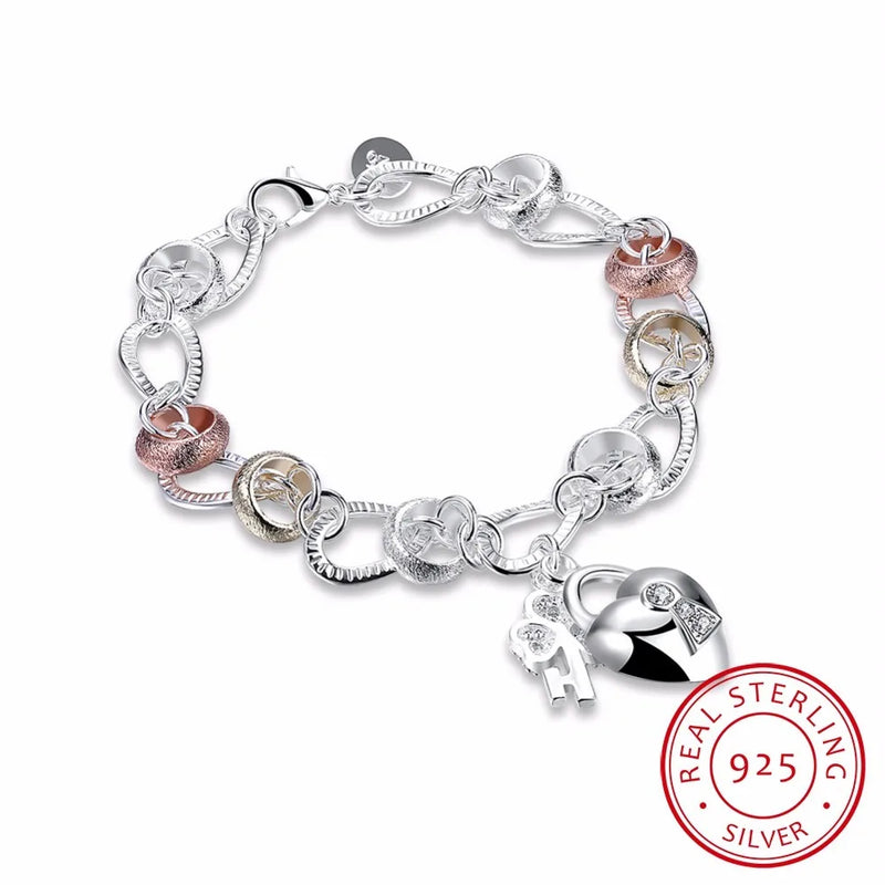 925 Silver Charm Bracelet Crystal Lock Flower Droplets