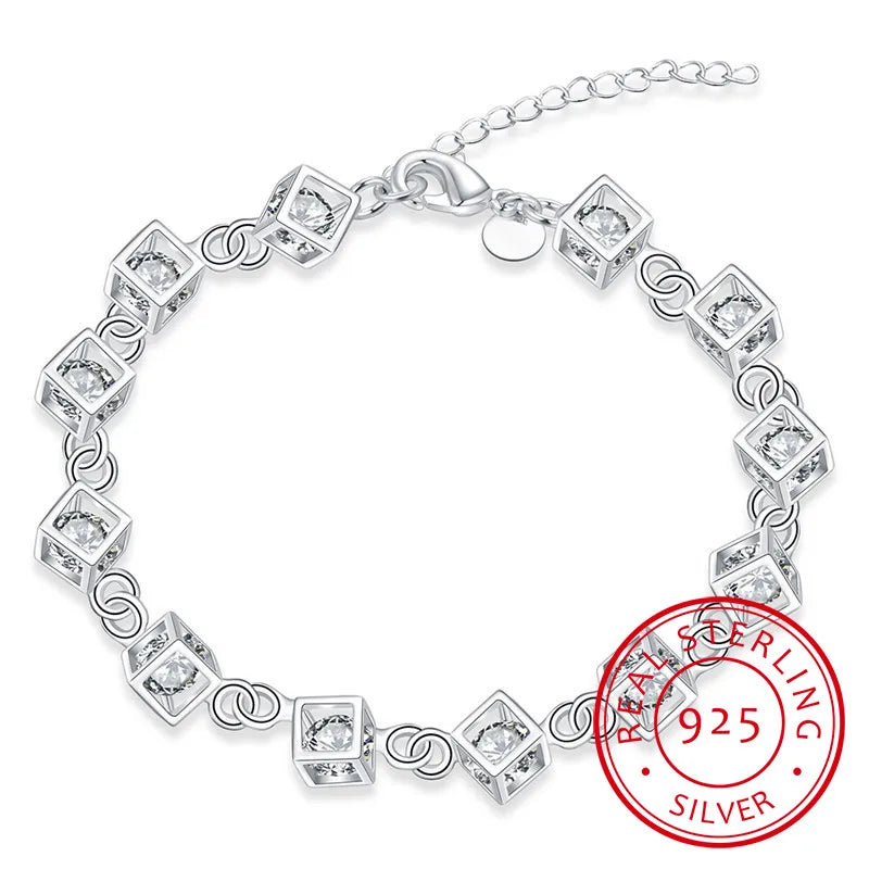 925 Silver Crystal Zirconia Cube Bracelet for Women