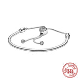 925 Silver Charm Bracelet Sparkling Snake Chain Heart Round Slider